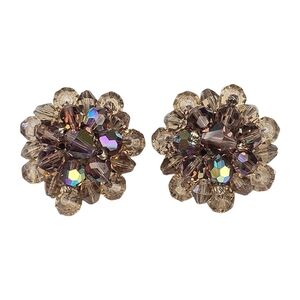 Vintage Aurora Borealis Cluster Earrings Crystal Bead Purple Champagne Clip On